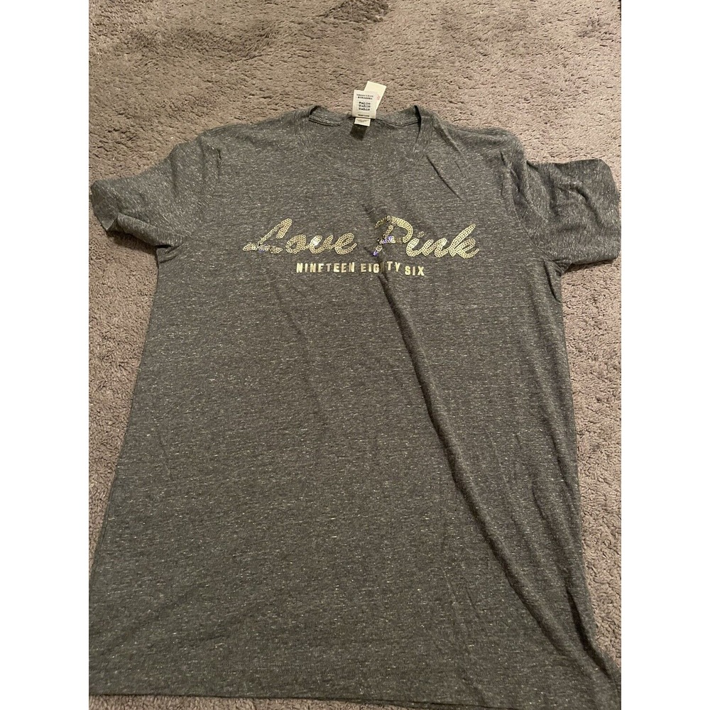 Victoria's Secret PINK SHIRT Sz S - Bling Gray‎ / Gold "LOVE PINK"